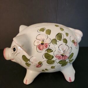 Vintage RARE Hand Painted Lefton Porcelain Floral Piggy Bank Made In Italy